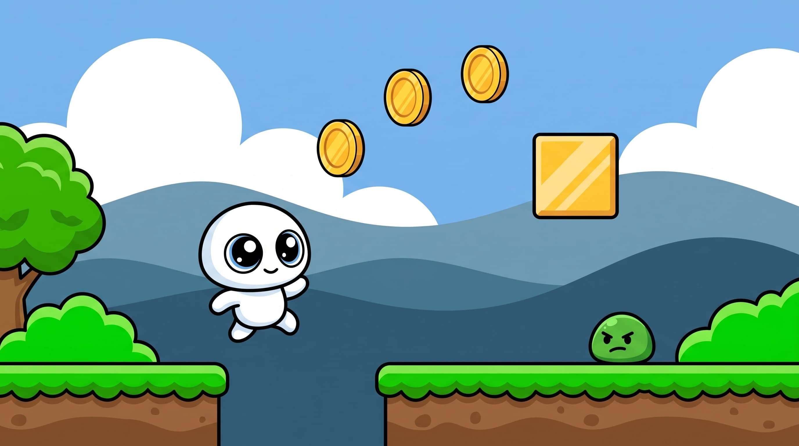Mimo mid-jump between grassy platforms, following a curve of gold coins toward a golden block, with a small green enemy waiting on the far ledge